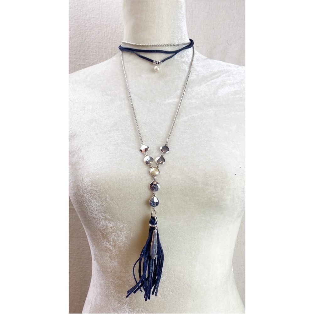 Lucky Brand Blue Leather Layered Pearl Choker Long Tassel Pendant Necklace Stack